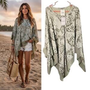 Elena Baldi Pure Linen Poncho Wmn's One Size Sage Green Boho Chic Made In Italy